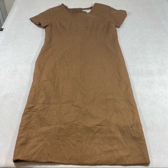 Adolfo Studio Dress Woman’s 14 Linen Blend Maxi Sheath Dress Brown Short Sleeve - Picture 1 of 11